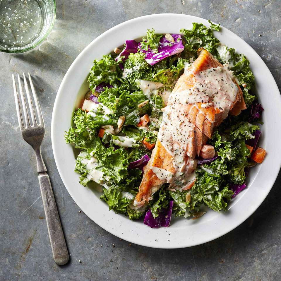 7. Superfood Chopped Salad with Salmon and Creamy Garlic Dressing Recipes
